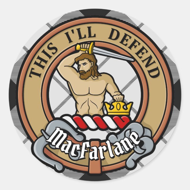 Adesivo Redondo Clan MacFarlane Crest sobre Tartan Preto e Branco (Frente)