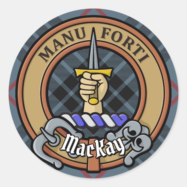 Adesivo Redondo Clan MacKay Crest sobre Blue Tartan (Frente)