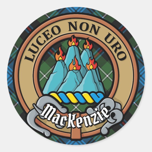Adesivo Redondo Clan MacKenzie Crest sobre Tartan (Frente)