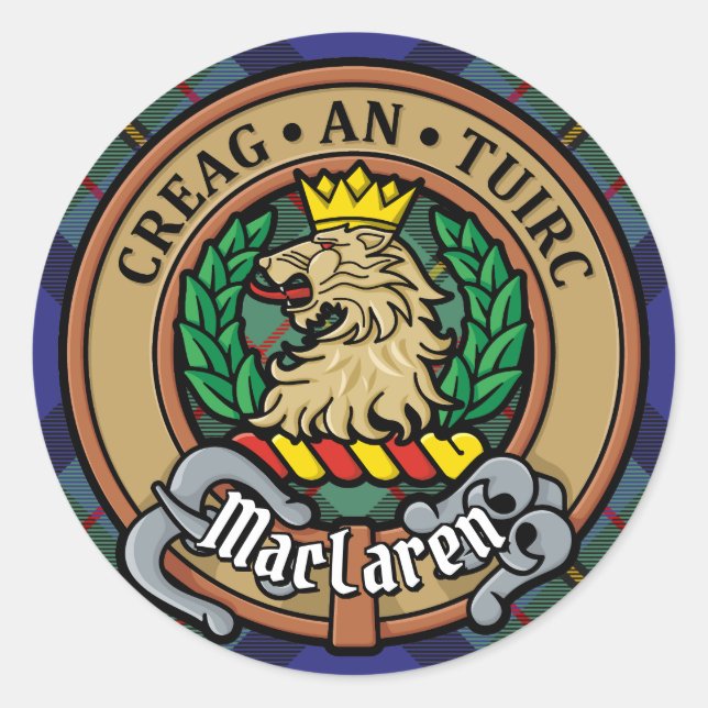 Adesivo Redondo Clan MacLaren Crest sobre Tartan (Frente)