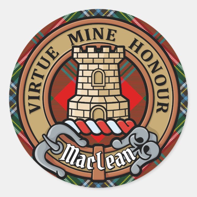 Adesivo Redondo Clan MacLean Crest sobre Tartan (Frente)