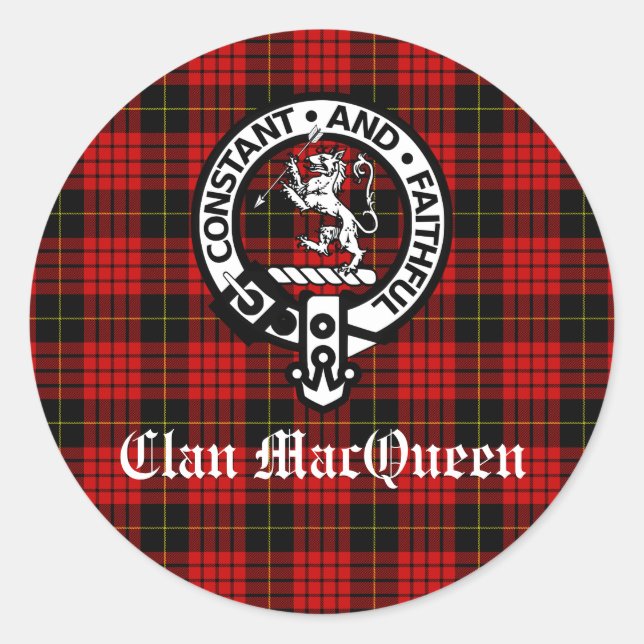 Adesivo Redondo Clan MacQueen Crest Crachá & Tartan (Frente)
