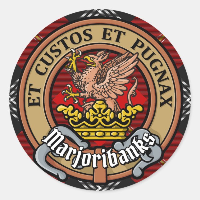 Adesivo Redondo Clan Marjoribanks Crest sobre Tartan (Frente)
