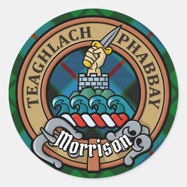 Adesivo Redondo Clan Morrison Crest sobre caçar Tartan (Frente)