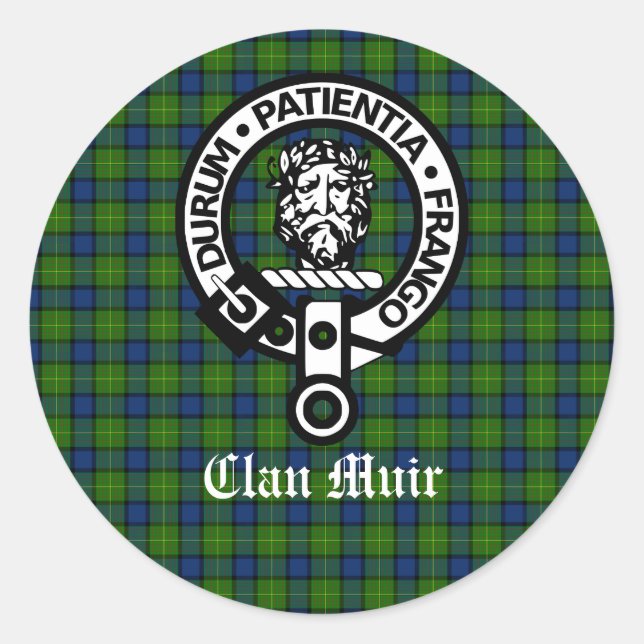 Adesivo Redondo Clan Muir Crest Crachá e Tartan (Frente)
