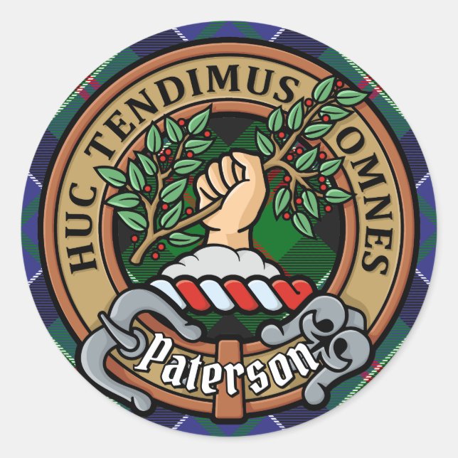 Adesivo Redondo Clan Paterson Crest sobre Tartan (Frente)