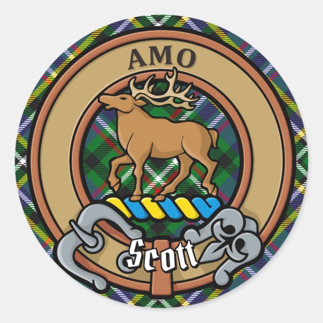 Adesivo Redondo Clan Scott Crest sobre Green Tartan (Frente)