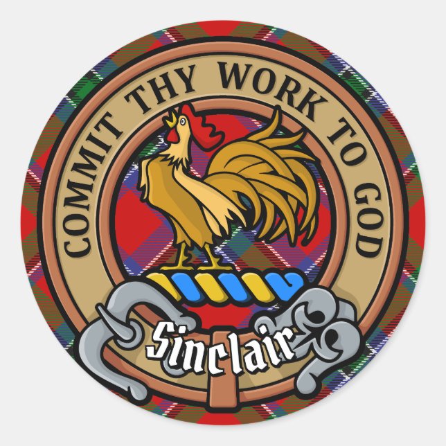 Adesivo Redondo Clan Sinclair Crest sobre o Red Tartan (Frente)
