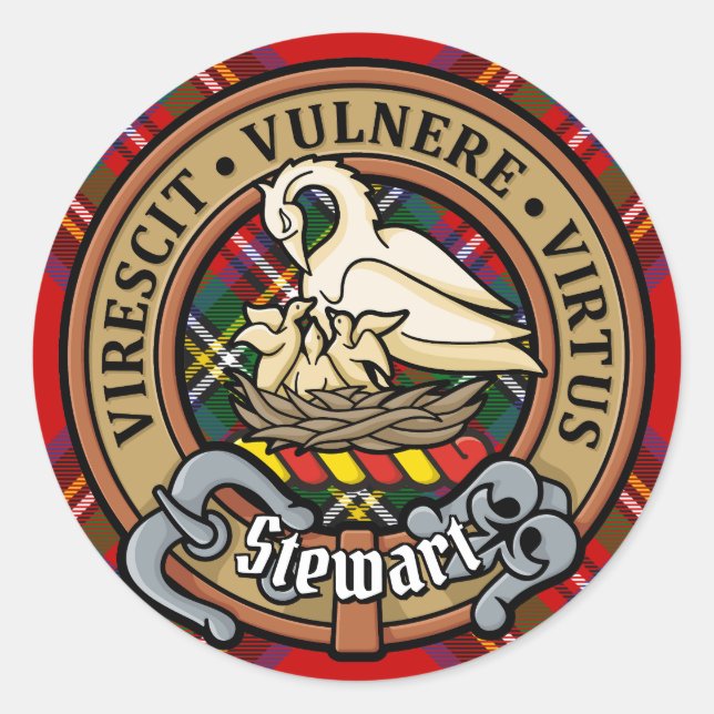 Adesivo Redondo Clan Stewart Crest sobre o Royal Tartan (Frente)