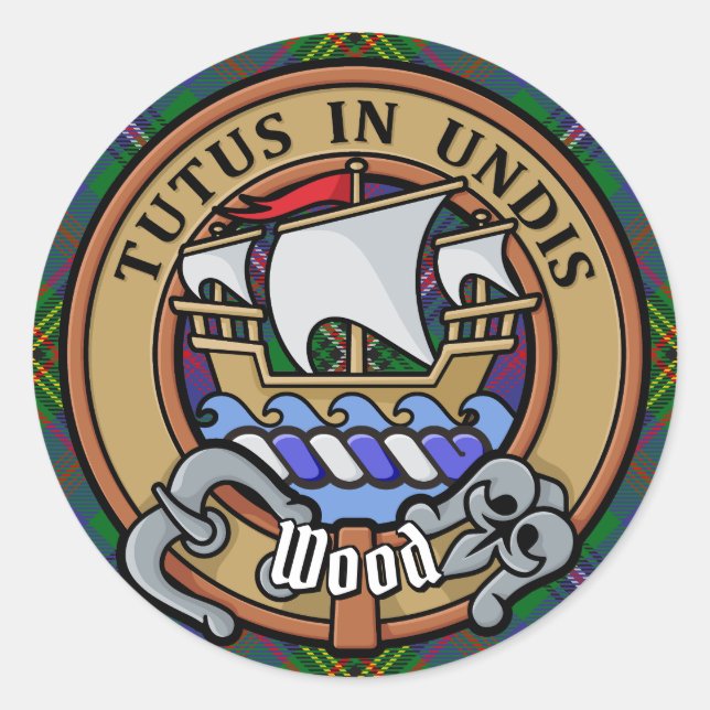 Adesivo Redondo Clan Wood Crest sobre Tartan (Frente)