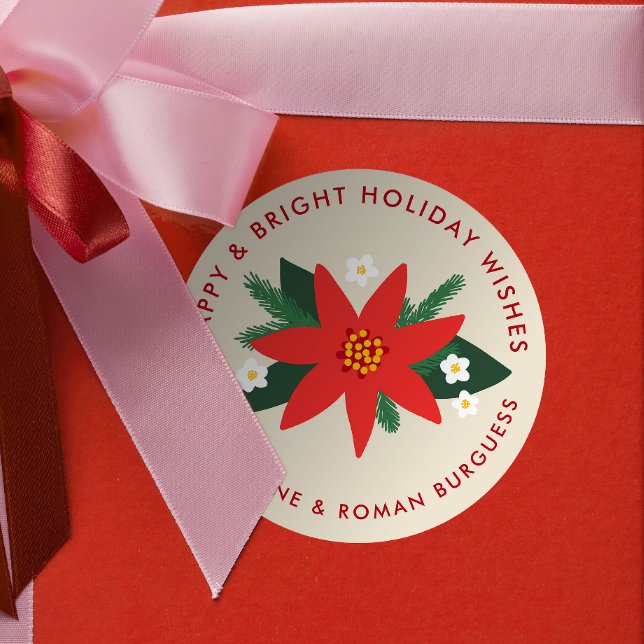 Adesivo Redondo Clas Clássicas de Natal de Poinsettia Vermelha Clá (soft beige cream modern poinsettia custom text Christmas gift sticker)