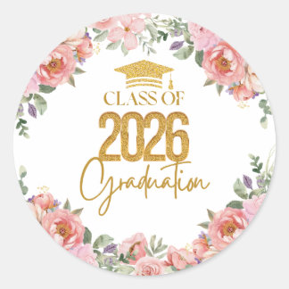 Adesivo Redondo Class of 2026, Pink Gold Floral Theme