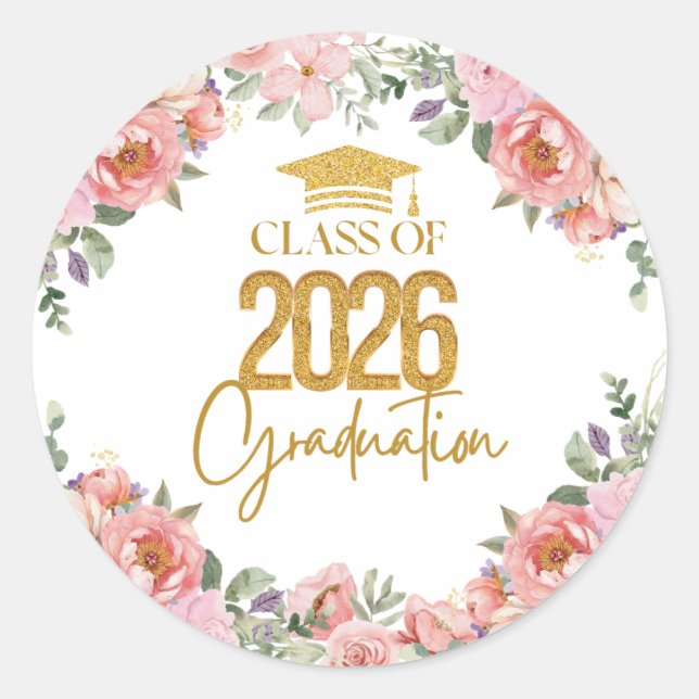 Adesivo Redondo Class of 2026, Pink Gold Floral Theme (Frente)