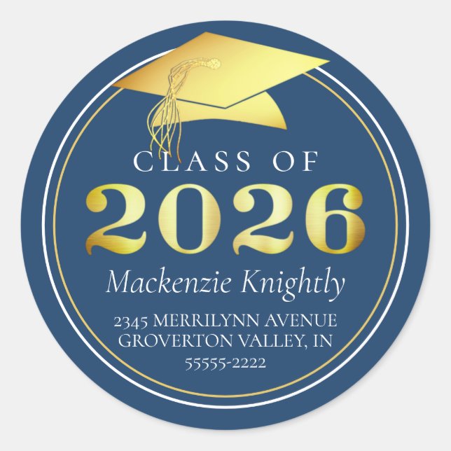 Adesivo Redondo Classe de 2025 Elegant Blue Return Address (Frente)