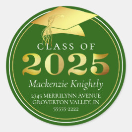 Adesivo Redondo Classe de 2025 Elegant Green Dourada Return Addres