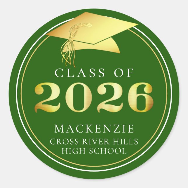 Adesivo Redondo Classe de 2025 Verde Elegante Personalizado Dourad (Frente)