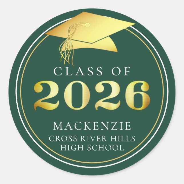 Adesivo Redondo Classe de 2025 Verde Escuro Elegante Personalizado (Frente)
