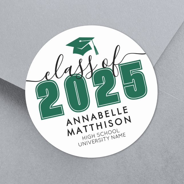 Adesivo Redondo Classe De formando De Graduação Verde 2025 (Graduate Class Of 2025 Green Graduation Classic Round Sticker)