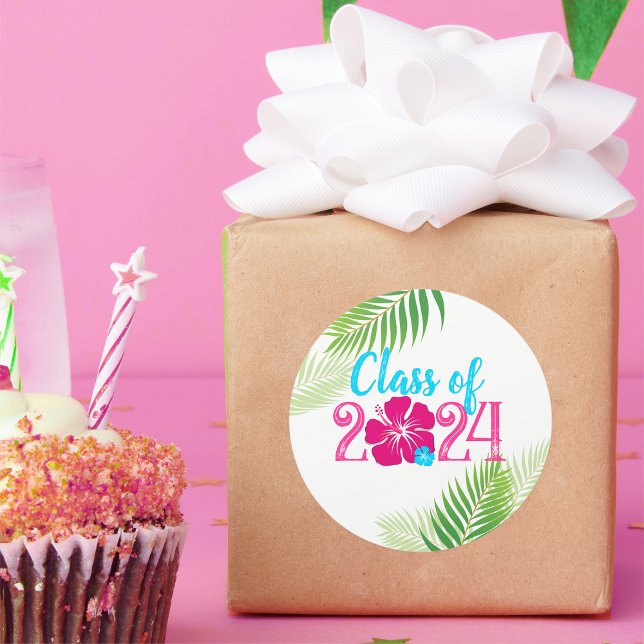 Adesivo Redondo Classe de Formatação Tropical de Luau de 2024 (Tropical Luau Graduation Collection by BrieezyBoutique 🎓🌺 Class of ANY YEAR)