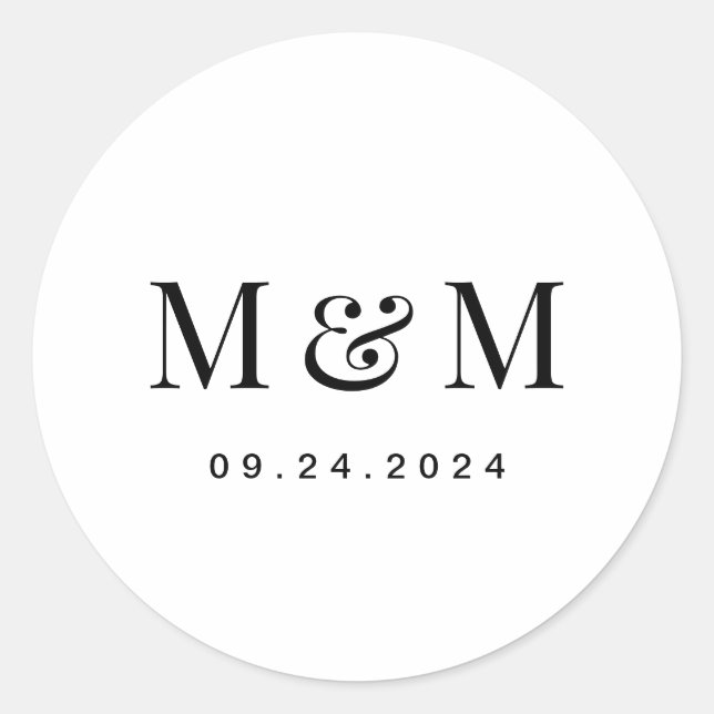 Adesivo Redondo Classic Black & White Monogram Typography Wedding (Frente)