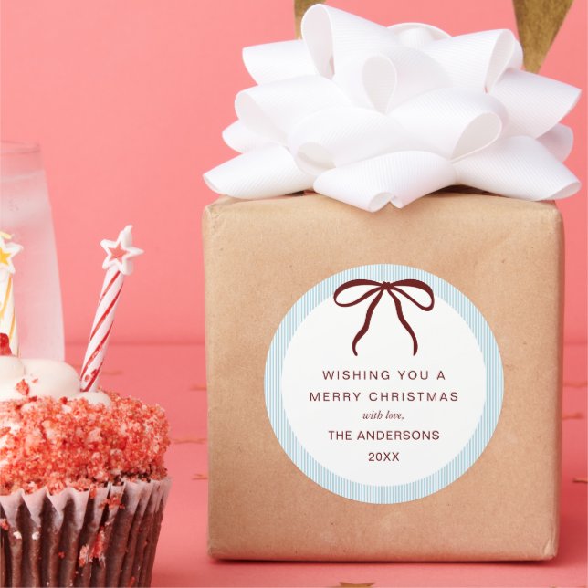 Adesivo Redondo Classic Blue Stripes Red Bow Merry Christmas (Festa)