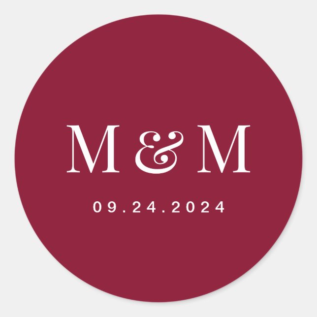 Adesivo Redondo Classic  Burgundy Red Monogram Typography Wedding (Frente)