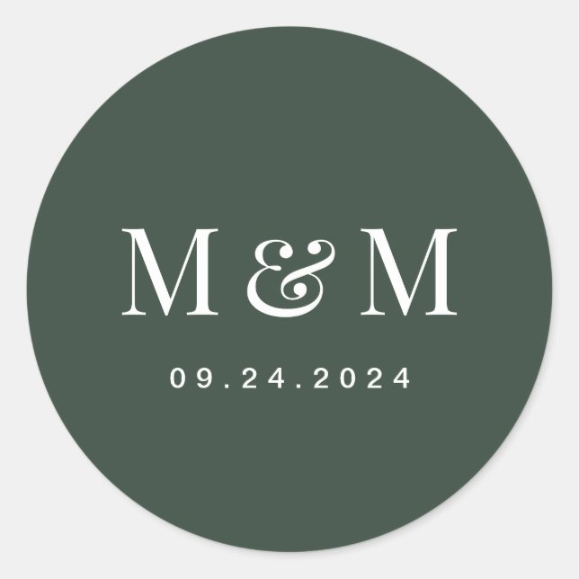 Adesivo Redondo Classic Dark Green Monogram Typography Wedding (Frente)