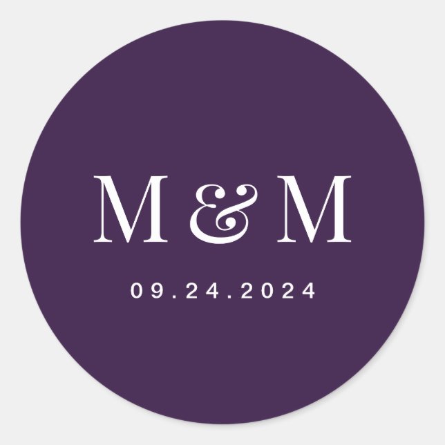 Adesivo Redondo Classic Dark Purple Monogram Typography Wedding (Frente)