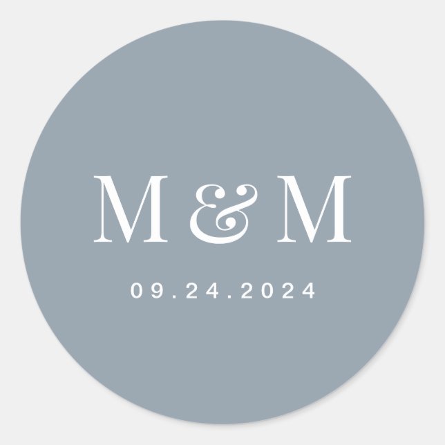 Adesivo Redondo Classic Dusty Blue Monogram Typography Wedding (Frente)