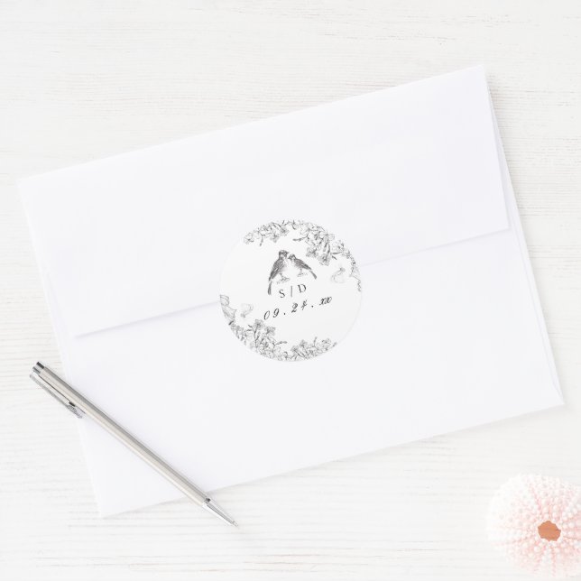 Adesivo Redondo Classic Elegant Black White Floral Wedding  (Envelope)