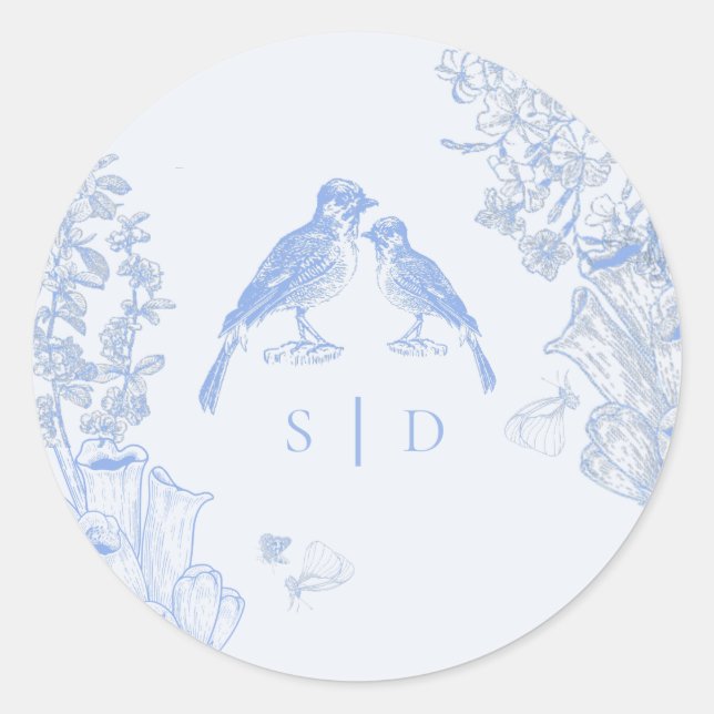 Adesivo Redondo Classic French Blue White Floral Birds Wedding  (Frente)
