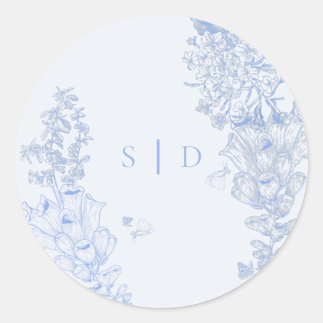Adesivo Redondo Classic French Blue White Floral Wedding Enclosure (Frente)