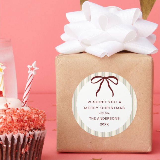 Adesivo Redondo Classic Green Pink Stripes Red Bow Merry Christmas (Festa)