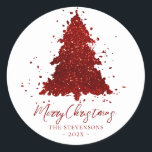 Adesivo Redondo Classic Merry Christmas | Rich Crimson Red Tree<br><div class="desc">Tis the season to decorate and entertain! Modern, dark, and moody abstract holiday tree and hand-lettered "Merry Christmas" in with a rich, luxe palette. This elegant festive design features a whimsical sparkly Christmas tree with a frisky paint splatter enhanced with faux metallic glitter. For other colors or matching products, please...</div>