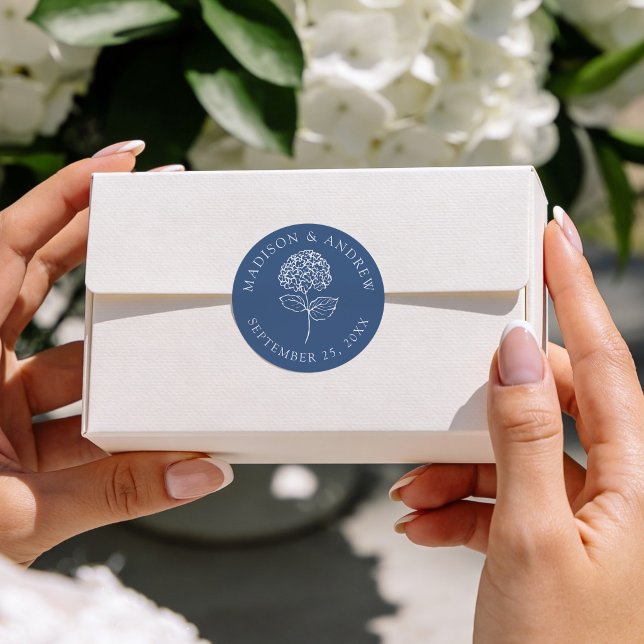 Adesivo Redondo Classic Navy Blue Hydrangea Wedding (Criador carregado)