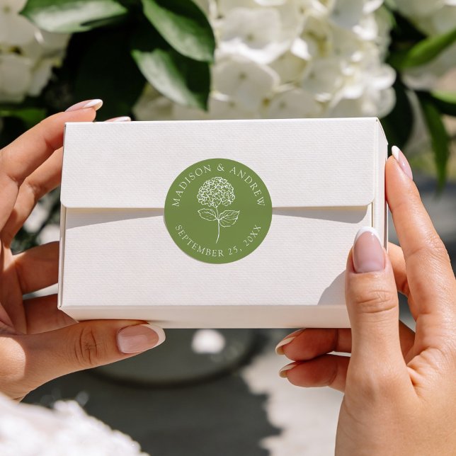 Adesivo Redondo Classic Olive Green Hydrangea Wedding (Criador carregado)