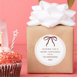 Adesivo Redondo Classic Pink Stripes Red Bow Merry Christmas