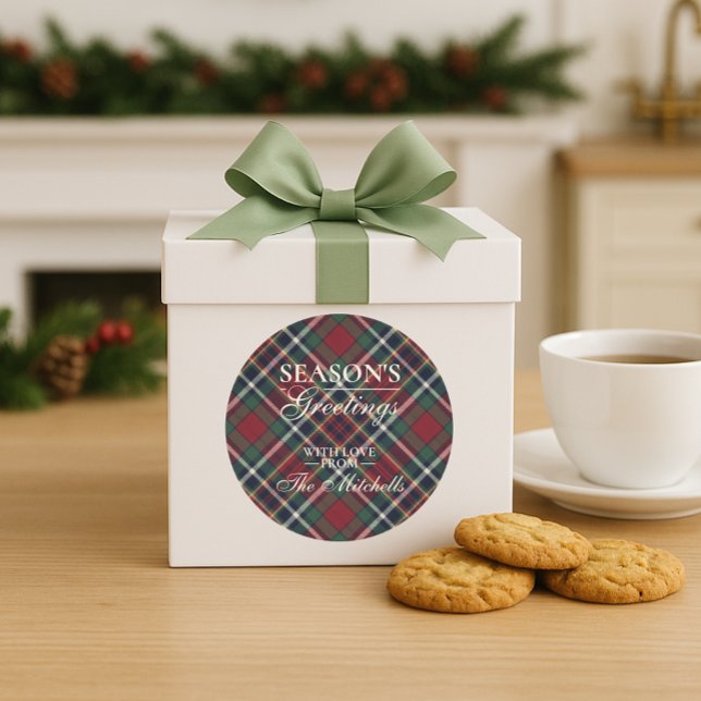 Adesivo Redondo Classic Red Dark Blue Green Plaid Pattern (Criador carregado)