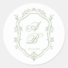 Adesivo Redondo Classic Sage Green Floral Monogram Crest Wedding