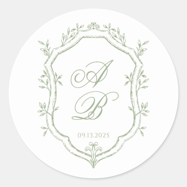 Adesivo Redondo Classic Sage Green Floral Monogram Crest Wedding (Frente)