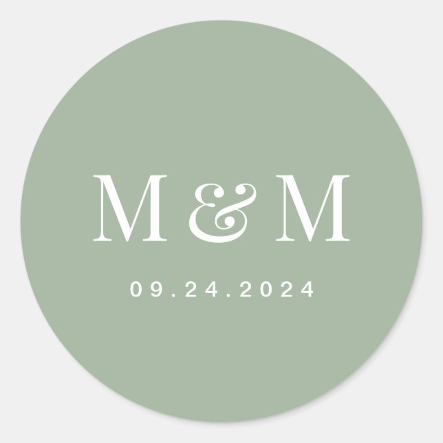 Adesivo Redondo Classic Sage Green Monogram Typography Wedding (Frente)
