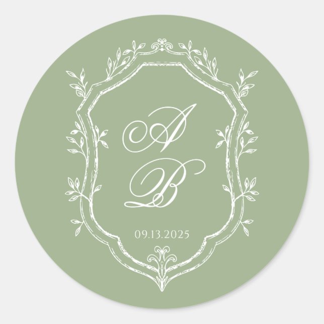 Adesivo Redondo Classic Sage Green & White Monogram Crest Wedding (Frente)
