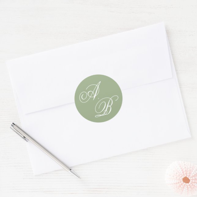 Adesivo Redondo Classic Sage Green & White Monogram Script Wedding (Envelope)