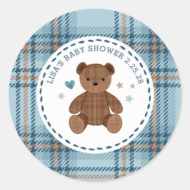 Adesivo Redondo Classic Tartan Plaid Teddy Bear, Baby Boy Shower  (Frente)