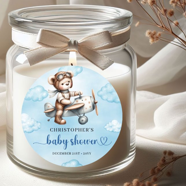 Adesivo Redondo Classic Teddy Bear Pilot Blue Brown Baby Shower  (Classic Teddy Bear Pilot Blue Brown Baby Shower Sticker

)