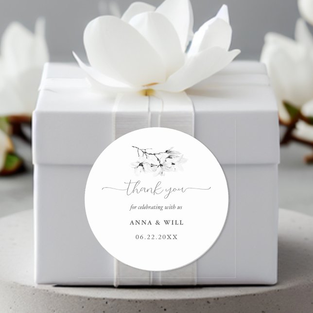 Adesivo Redondo Clássica Magnolia Black White Floral Favor (Floral Wedding Sticker Ivory Magnolia Modern Classic Simple Elegant Bohemian)