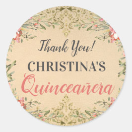 Adesivo Redondo Clássica Vintage Dourada Quinceanera Floral Obriga