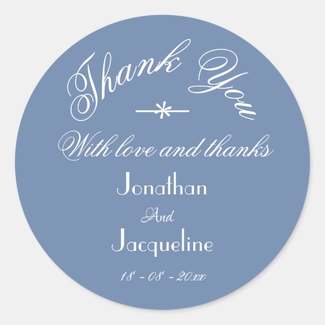 Adesivo Redondo Clássico Azul Obrigado Casamento Personalizado (Frente)