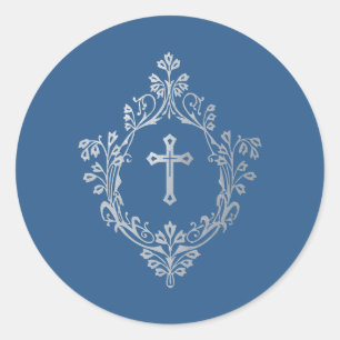 Adesivo Redondo Clássico Azul Religioso Cruz de Faux Prata no Bras