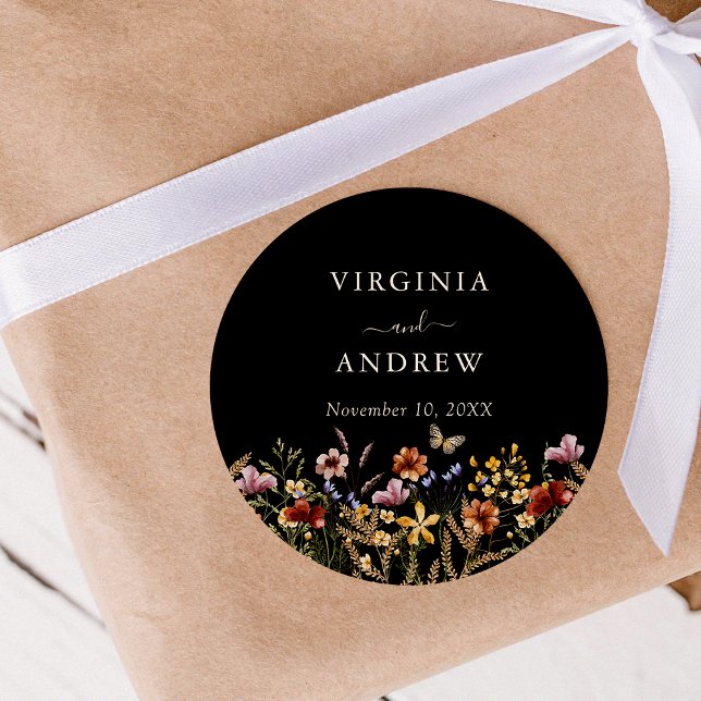Adesivo Redondo Clássico BlackBoho Flores Silvestr (Black Boho Wildflower Wedding Classic Round Sticker by Painted Paperie
)